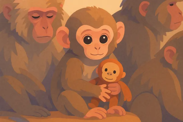 Иллюстрация: маленькая макака с плюшевой игрушкой среди других обезьян